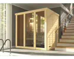 Massivholzsauna Weka Kemi Panorama Gr.2 inkl. 7,5 kW Bio Ofen u.digitaler Sterung mit Fenster und graphitfarbiger Ganzglastüre