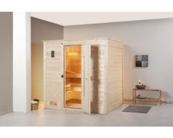 Massivholzsauna Weka Bergen HT Gr.1.8 inkl. 7,5 kW Bio Ofen u.digitaler Steuerung ohne Fenster mit Holztüre und Isolierglas wärmegedämmt