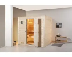 Massivholzsauna Weka Bergen HT Gr.1.8 inkl. 7,5 kW Ofen u.digitaler Steuerung ohne Fenster mit Holztüre und Isolierglas wärmegedämmt