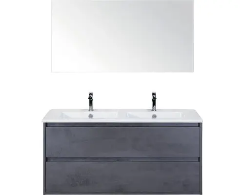 Badmöbel-Set Sanox Porto Keramik 170x121x51 cm Doppel-Keramikwaschbecken 2 Schubladen beton anthrazit mit Spiegel