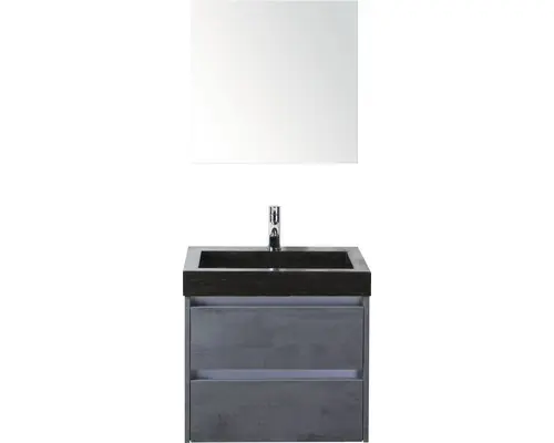 Badmöbel-Set Sanox Dante Naturstein 170x61x45,5 cm Natursteinwaschbecken Beton anthrazit mit Spiegel