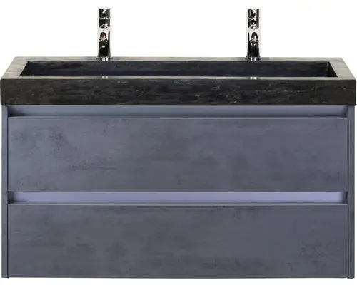 Waschbeckenunterschrank Sanox Dante Naturstein 58x101x45,5 cm mit Doppel-Natursteinwaschbecken Beton anthrazit