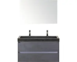 Badmöbel-Set Sanox Dante Naturstein 170x101x45,5 cm Doppel-Natursteinwaschbecken Beton anthrazit mit Spiegel