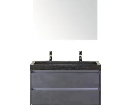 Badmöbel-Set Sanox Dante Naturstein 170x101x45,5 cm Doppel-Natursteinwaschbecken Beton anthrazit mit Spiegel