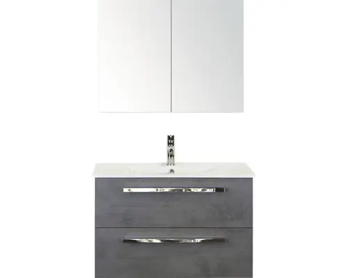 Badmöbel-Set Sanox Seville Keramik 170x81x46 cm Keramikwaschbecken Beton anthrazit mit Spiegelschrank