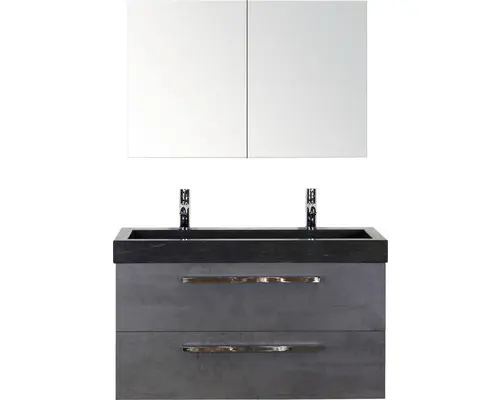 Badmöbel-Set Sanox Seville Naturstein 170x101x45,5 cm Doppel-Natursteinwaschbecken Beton anthrazit mit Spiegelschrank