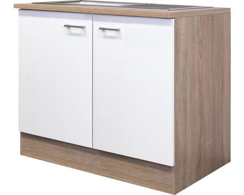 Spülenunterschrank Flex Well Samoa/Murano weiß/Eiche 100x85x60 cm mit Drehtür