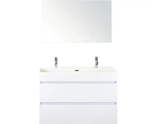 Badmöbel-Set Sanox Maxx XL Keramik 183x101x45,5 cm Doppel-Keramikwaschbecken weiß hochglanz mit Spiegel