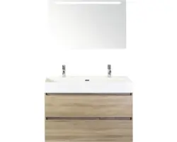 Badmöbel-Set Sanox Maxx XL Keramik 183x101x45,5 cm Doppel-Keramikwaschbecken eiche grau mit LED-Beleuchtung