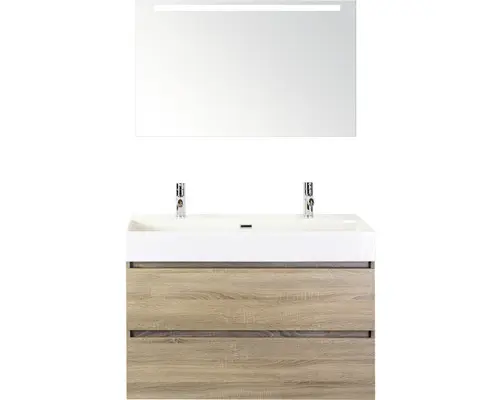 Badmöbel-Set Sanox Maxx XL Keramik 183x101x45,5 cm Doppel-Keramikwaschbecken eiche grau mit LED-Beleuchtung