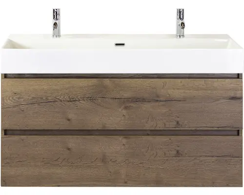 Waschbeckenunterschrank Sanox Maxx XL Keramik 73x121x45,5 cm mit Doppel-Keramikwaschbecken tabacco