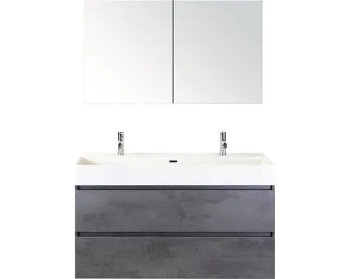 Badmöbel-Set Sanox Maxx XL Keramik 183x121x45,5 cm Doppel-Keramikwaschbecken beton anthrazit mit Spiegelschrank