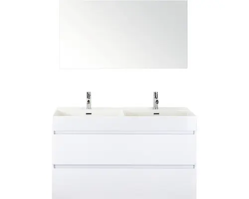 Badmöbel-Set Sanox Maxx XL Keramik 183x121x45,5 cm Doppel-Keramikwaschbecken 2 Becken weiß hochglanz mit Spiegel