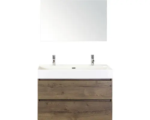 Badmöbel-Set Sanox Maxx XL Keramik 183x101x45,5 cm Doppel-Keramikwaschbecken tabacco mit Spiegel