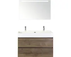 Badmöbel-Set Sanox Maxx XL Keramik 183x101x45,5 cm Doppel-Keramikwaschbecken tabacco mit LED-Beleuchtung