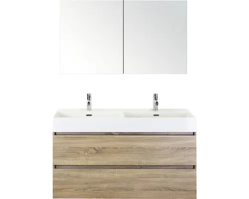 Badmöbel-Set Sanox Maxx XL Keramik 183x121x45,5 cm Doppel-Keramikwaschbecken 2 Becken eiche grau mit Spiegelschrank