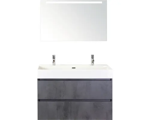 Badmöbel-Set Sanox Maxx XL Keramik 183x101x45,5 cm Doppel-Keramikwaschbecken beton anthrazit mit LED-Beleuchtung