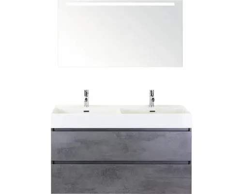 Badmöbel-Set Sanox Maxx XL Keramik 183x121x45,5 cm Doppel-Keramikwaschbecken 2 Becken beton anthrazit mit LED-Beleuchtung