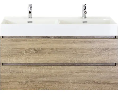 Waschbeckenunterschrank Sanox Maxx XL Keramik 73x121x45,5 cm mit Doppel-Keramikwaschbecken 2 Becken eiche grau