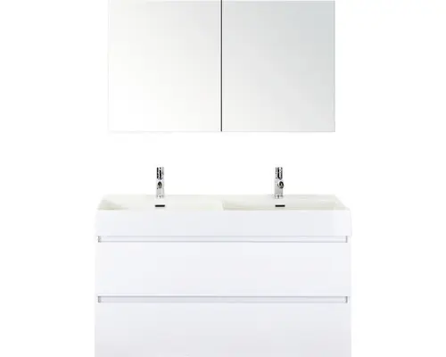Badmöbel-Set Sanox Maxx XL Keramik 183x121x45,5 cm Doppel-Keramikwaschbecken 2 Becken weiß hochglanz mit Spiegelschrank