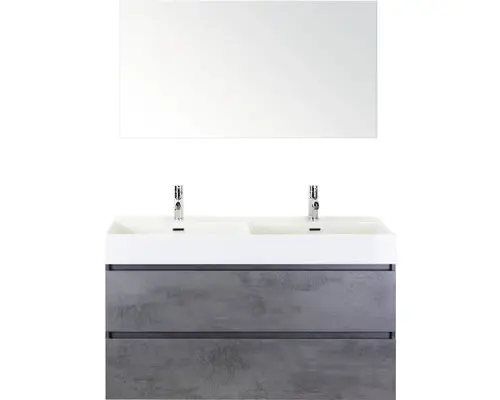 Badmöbel-Set Sanox Maxx XL Keramik 183x121x45,5 cm Doppel-Keramikwaschbecken 2 Becken beton anthrazit mit Spiegel