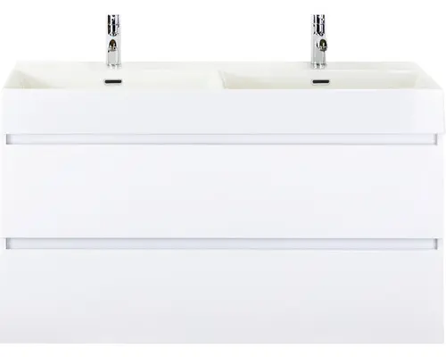 Waschbeckenunterschrank Sanox Maxx XL Keramik 73x121x45,5 cm mit Doppel-Keramikwaschbecken 2 Becken weiß hochglanz