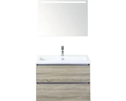 Badmöbel-Set Sanox Vogue Keramik 169x81x41 cm Keramikwaschbecken eiche grau mit LED-Beleuchtung