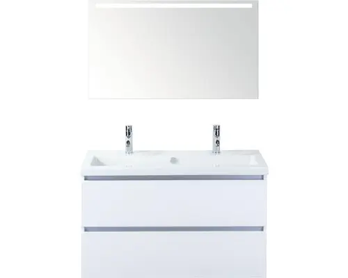 Badmöbel-Set Sanox Vogue Keramik 169x101x41 cm Doppel-Keramikwaschbecken weiß hochglanz mit LED-Beleuchtung