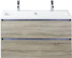 Waschbeckenunterschrank Sanox Vogue Keramik 59x101x41 cm mit Doppel-Keramikwaschbecken eiche grau