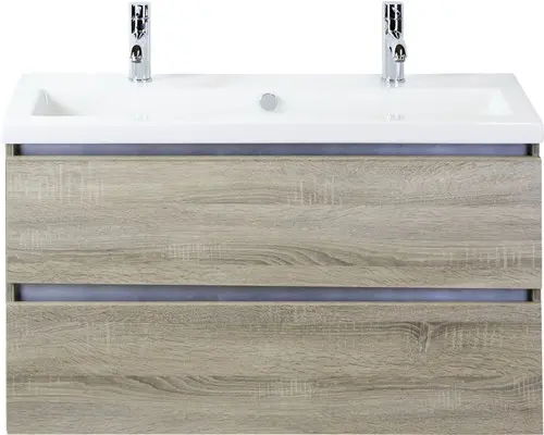 Waschbeckenunterschrank Sanox Vogue Keramik 59x101x41 cm mit Doppel-Keramikwaschbecken eiche grau