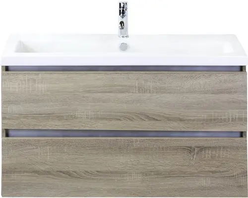 Waschbeckenunterschrank Sanox Vogue Keramik 59x101x41 cm mit Keramikwaschbecken eiche grau