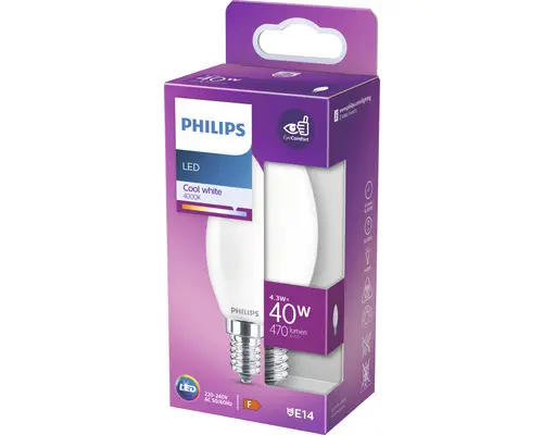 LED Lampe Philips E14/4,3W(40W) 470 lm 4000 K Kerzenform Neutralweiß Milchglas