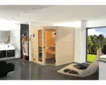 Hornbach Massivholzsauna Weka Valida Eck GTF inkl. 7,5 kW Ofen u.digitaler Steuerung mit Fenster und Ganzglastüre aus Klargas