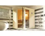 Hornbach Massivholzsauna Weka Cubilis 1 Eck GTF inkl. 7,5 kW Ofen u.digitaler Steuerung mit Fenster und graphitfarbiger Ganzglastüre