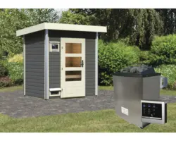 Saunahaus Karibu Opal 1 inkl.9kW Ofen u.ext.Steuerung mit Holztüre und Klarglas terragrau/weiß