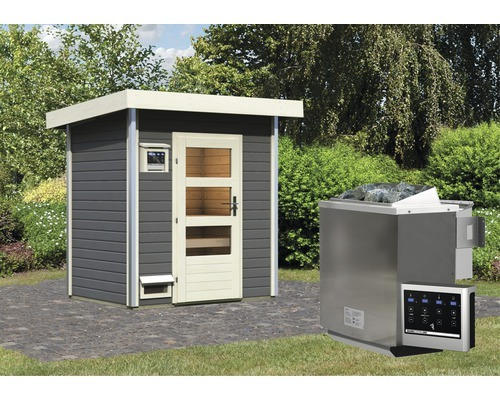 Saunahaus Karibu Opal 1 inkl.9kW Bio Ofen u.ext.Steuerung mit Holztüre und Klarglas terragrau/weiß