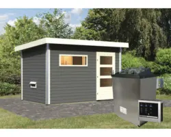 Saunahaus Karibu Topas 1 inkl.9kW Ofen u.ext.Steuerung mit Vorraum und Holztüre mit Isolierglas wärmegedämmt terragrau/weiß