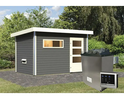 Saunahaus Karibu Topas 1 inkl.9kW Ofen u.ext.Steuerung mit Vorraum und Holztüre mit Isolierglas wärmegedämmt terragrau/weiß