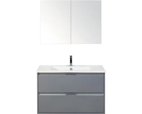 Badmöbel-Set Sanox Porto Keramik 170x91x51 cm Keramikwaschbecken eisgrün mit Spiegelschrank