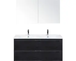 Badmöbel-Set Sanox Porto Keramik 170x121x51 cm Doppel-Keramikwaschbecken 2 Schubladen black oak mit Spiegelschrank