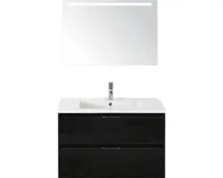Badmöbel-Set Sanox Porto Keramik 170x91x51 cm Keramikwaschbecken black oak mit LED-Beleuchtung