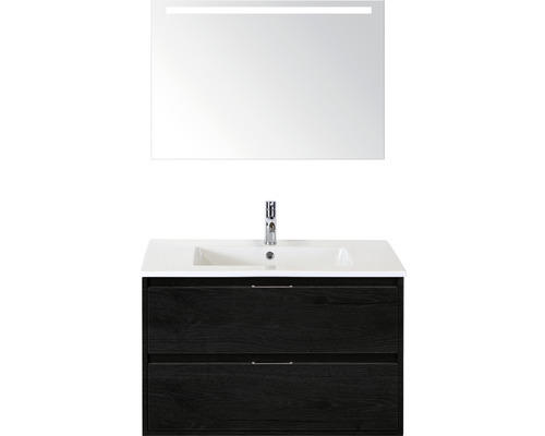 Badmöbel-Set Sanox Porto Keramik 170x91x51 cm Keramikwaschbecken black oak mit LED-Beleuchtung