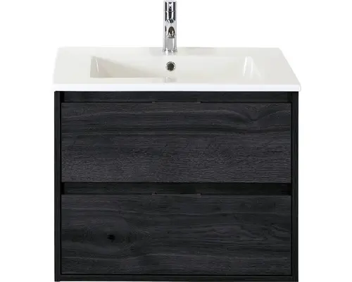 Waschbeckenunterschrank Sanox Porto Keramik 57x71x51 cm mit Keramikwaschbecken black oak