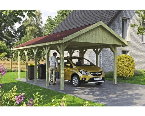 Einzelcarport SKAN HOLZ Wallgau inkl. rote Schindeln und H-Pfostenanker 430 x 750 cm imprägniert