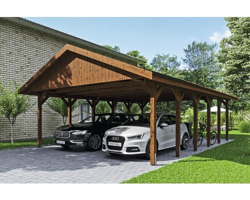 Doppelcarport SKAN HOLZ Wallgau inkl. schwarze Schindeln und H-Pfostenanker 620 x 900 cm nussbaum