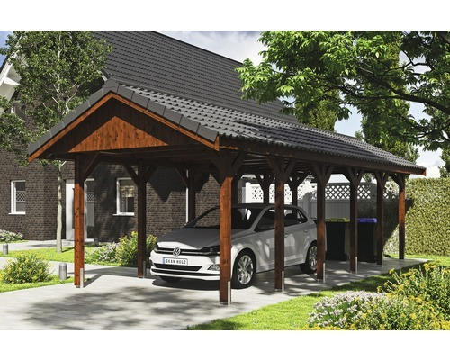 Einzelcarport SKAN HOLZ Wallgau inkl. Dachlattung und H-Pfostenanker 380 x 900 cm nussbaum