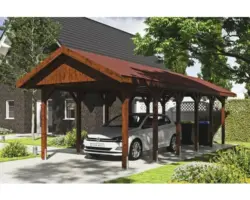 Einzelcarport SKAN HOLZ Wallgau inkl. rote Schindeln und H-Pfostenanker 380 x 900 cm nussbaum