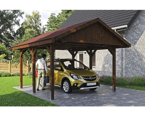 Einzelcarport SKAN HOLZ Wallgau inkl. rote Schindeln und H-Pfostenanker 430 x 500 cm nussbaum