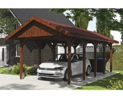 Einzelcarport SKAN HOLZ Wallgau inkl. rote Schindeln und H-Pfostenanker 380 x 750 cm nussbaum