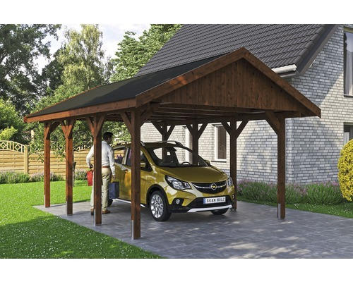 Einzelcarport SKAN HOLZ Wallgau inkl. schwarze Schindeln und H-Pfostenanker 430 x 600 cm nussbaum